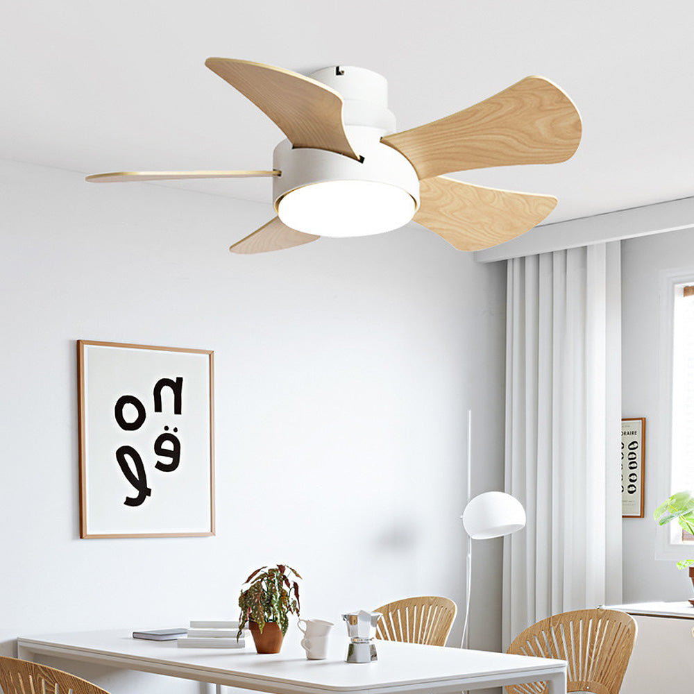 Modern Stylish Wood Dining Room Flush Ceiling Fan With LED Lighting