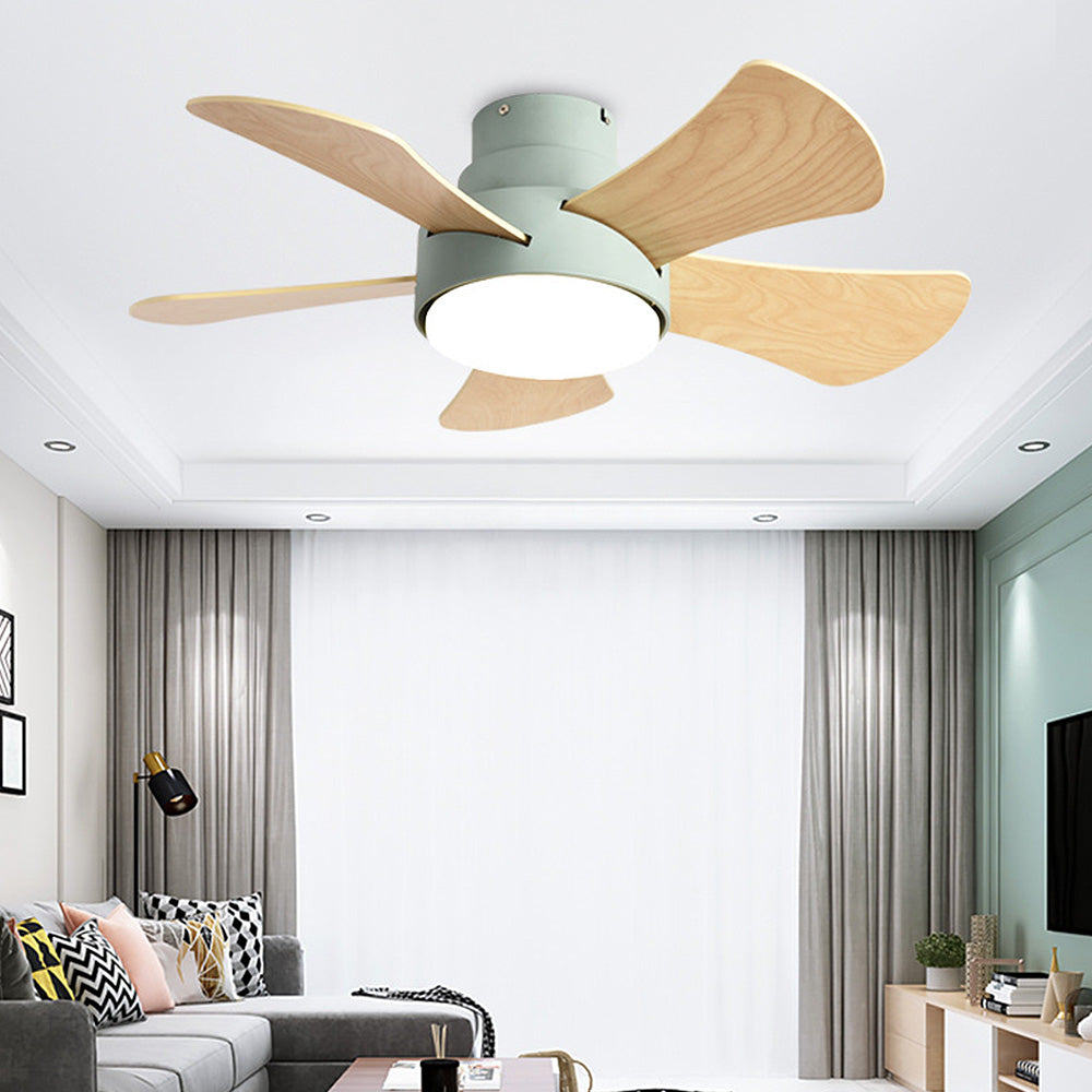Modern Stylish Wood Dining Room Flush Ceiling Fan With LED Lighting