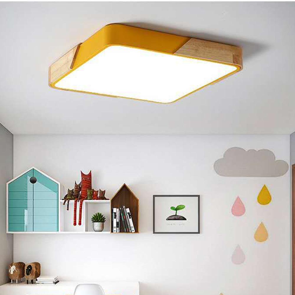 Square Wood And Metal Flush Mount LED Dimmable Ceiling Light -Homdiy