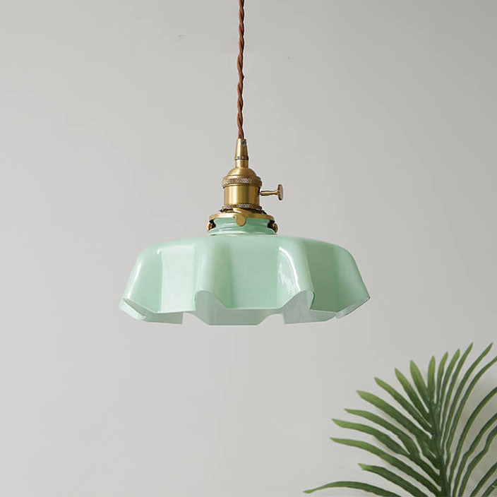Vintage French Frilly Opaque Glass Pendant Light with ruffled draped shape -Homdiy