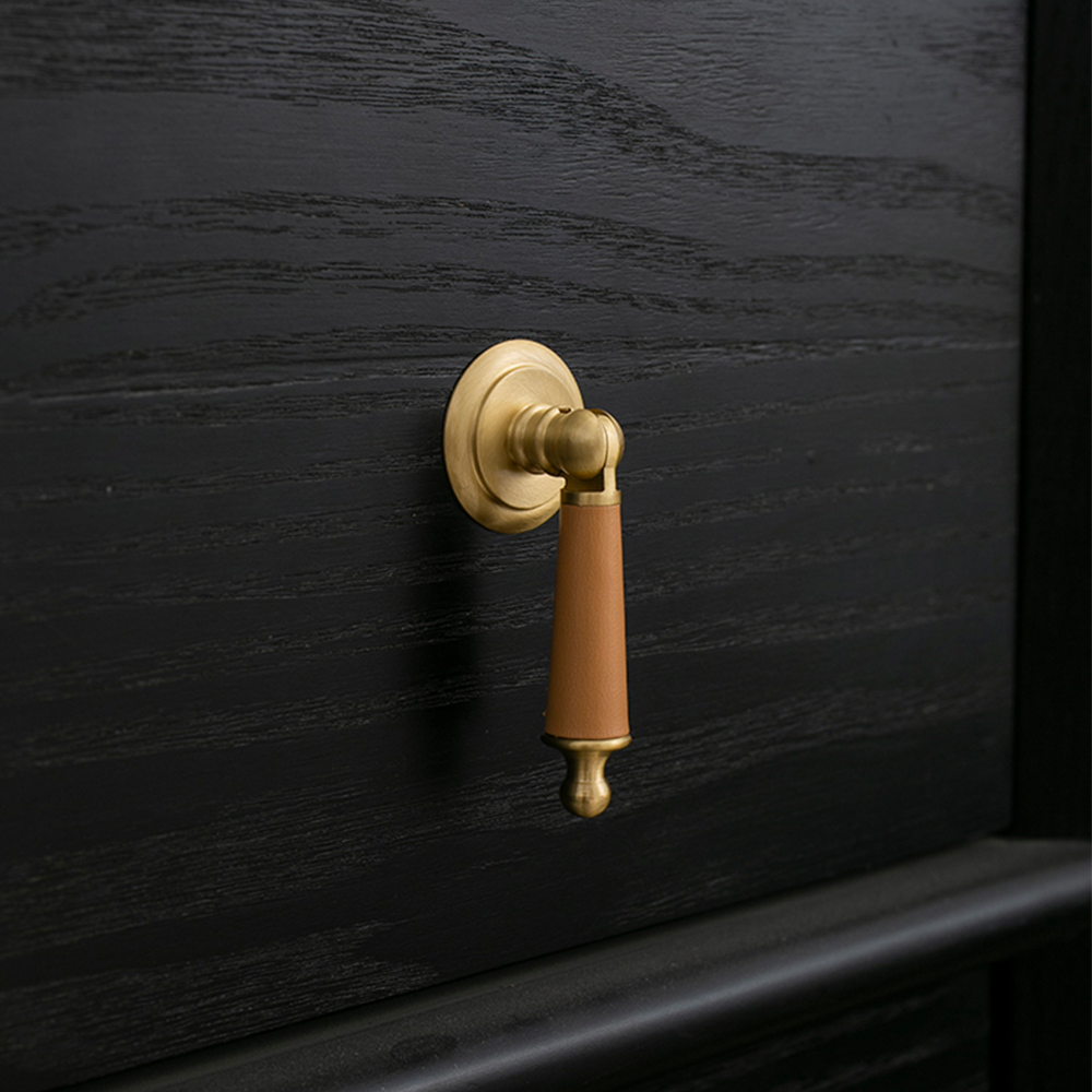 Modern Leather Cowhide & Brass Furniture Handles Kitchen Cabinet Pulls -Homdiy