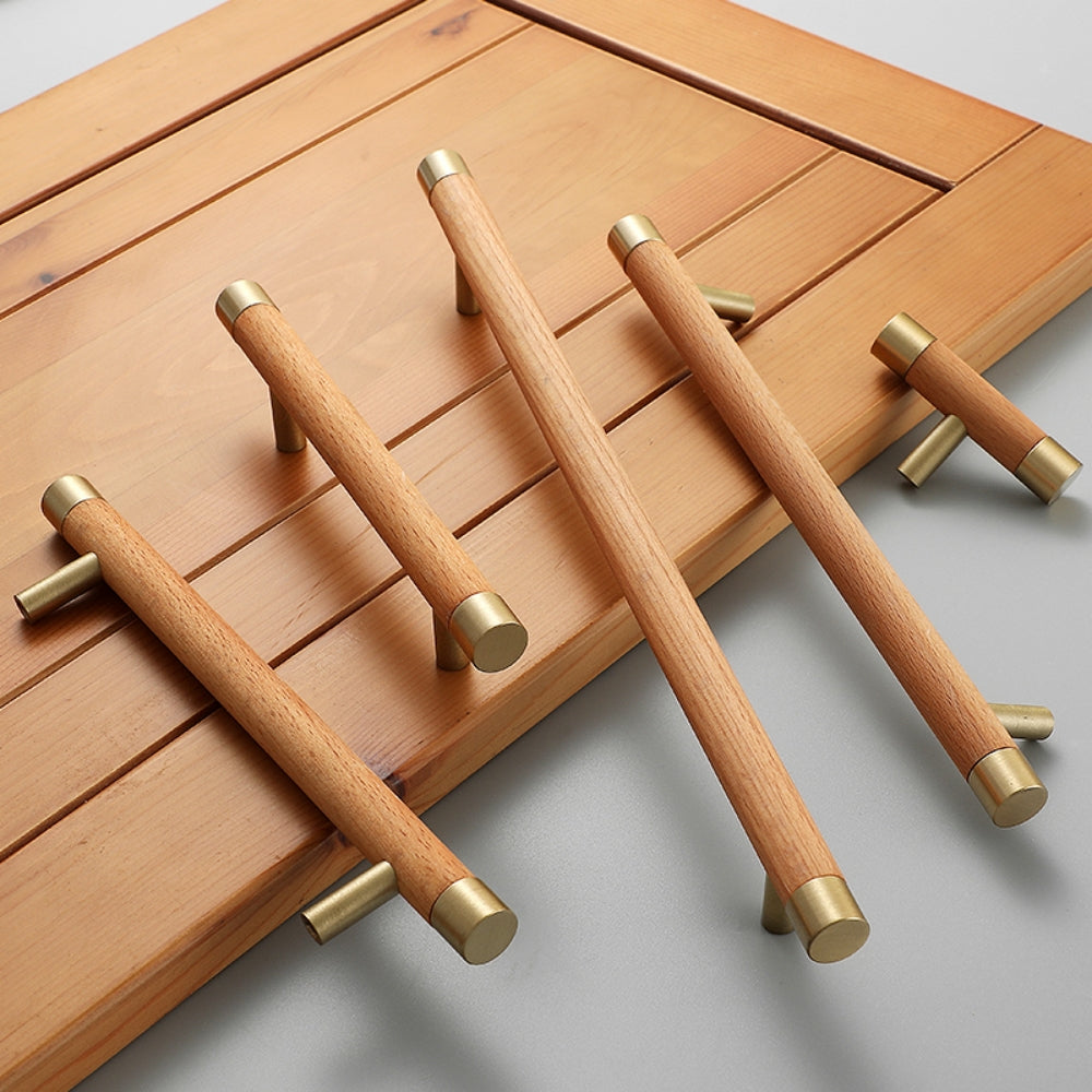 Wooden Brushed Brass Handles for Furniture Cabinet Cupboard Door -Homdiy