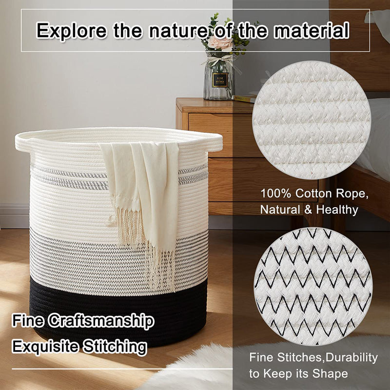 Decorative Woven Cotton Rope Storage Laundry Basket -Homdiy