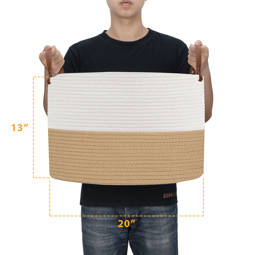 20"x13" Large Woven Basket Large Basket for Blankets Round Towel Basket Brown&white -Homdiy